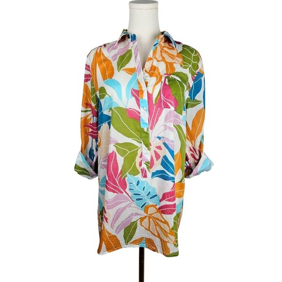 True Destinations Medium Button Long Shirt Multicolor Tropical Print Boho Beach - Picture 1 of 10